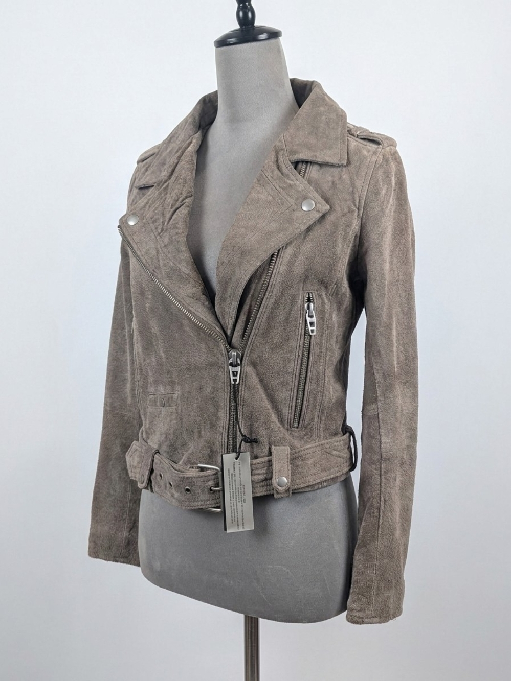 Blank NYC Taupe Suede Moto Jacket with Belted Waist and Silver Hardware